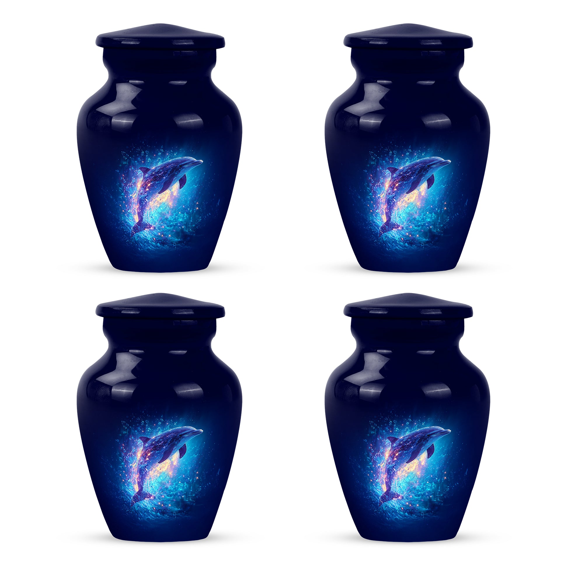 Celestial Blue Dolphin Cremation Urn side profile showing urn shape - classic sculpted dolphin pattern on smooth aluminum - 10 inch aluminum urn for cremated remains