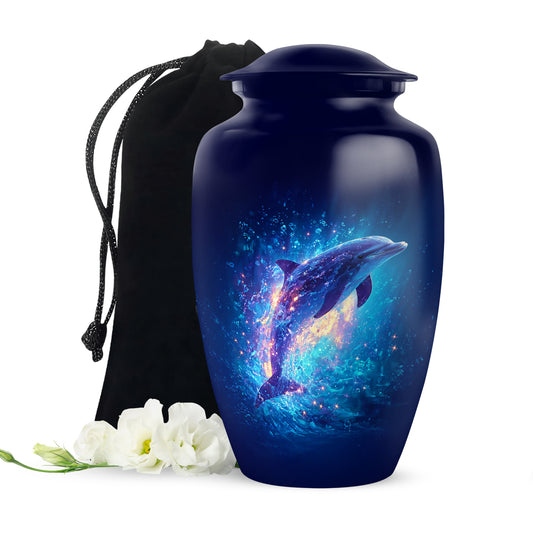 Cornflower Blue Dolphin Cremation Urn angled view of lid and engraved motif - traditional dolphin engraving with hand-polished finish - full-size 10 inch 200 cubic inch adult cremation urn