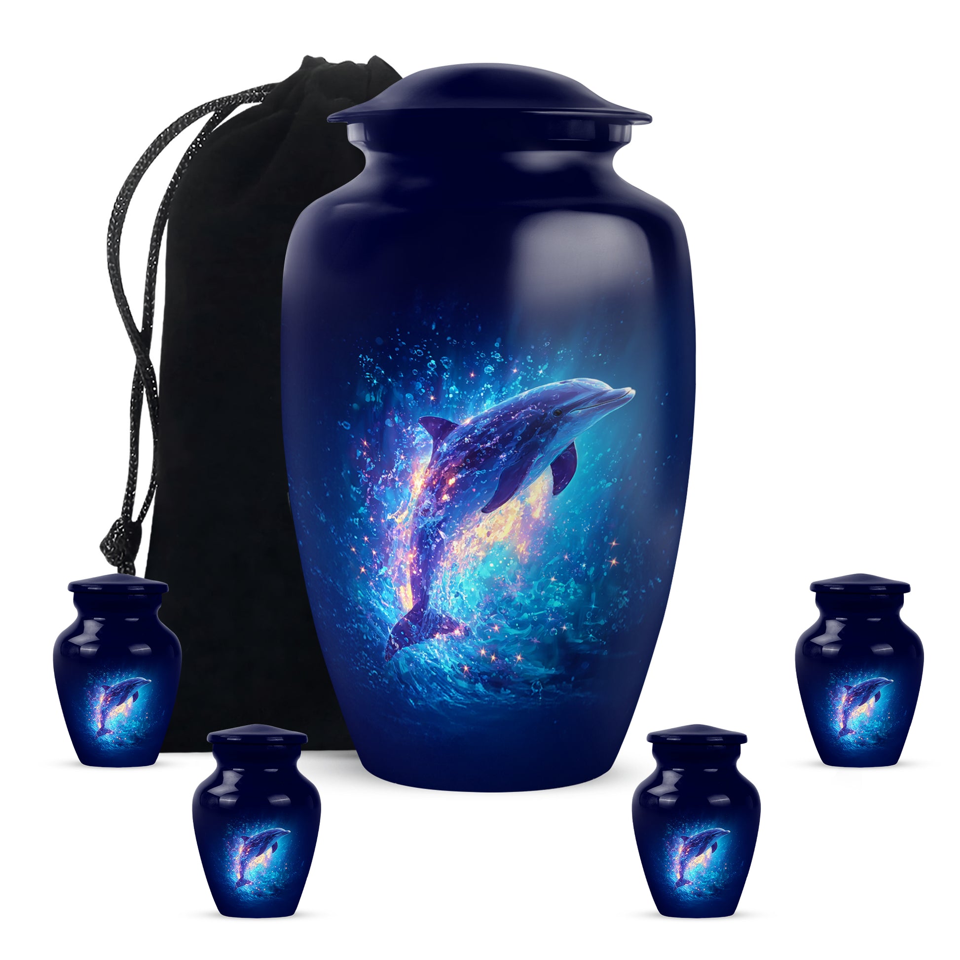 Slate Blue Dolphin Cremation Urn top-down view of secure threaded lid - timeless dolphin motif etched into premium metal - memorial set with one large and four small urns