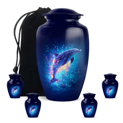 Slate Blue Dolphin Cremation Urn top-down view of secure threaded lid - timeless dolphin motif etched into premium metal - memorial set with one large and four small urns