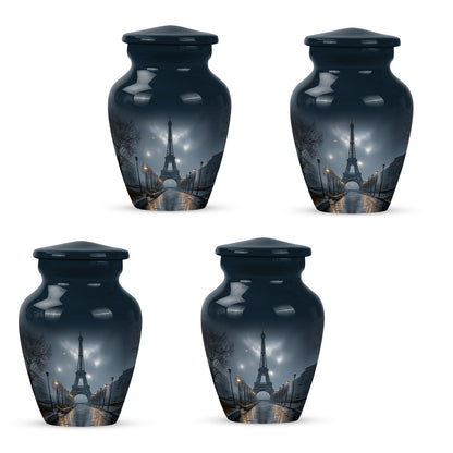 Icy Blue Eiffel Tower Cremation Urn side profile showing urn shape - classic sculpted eiffel tower pattern on smooth aluminum - 10 inch aluminum urn for cremated remains