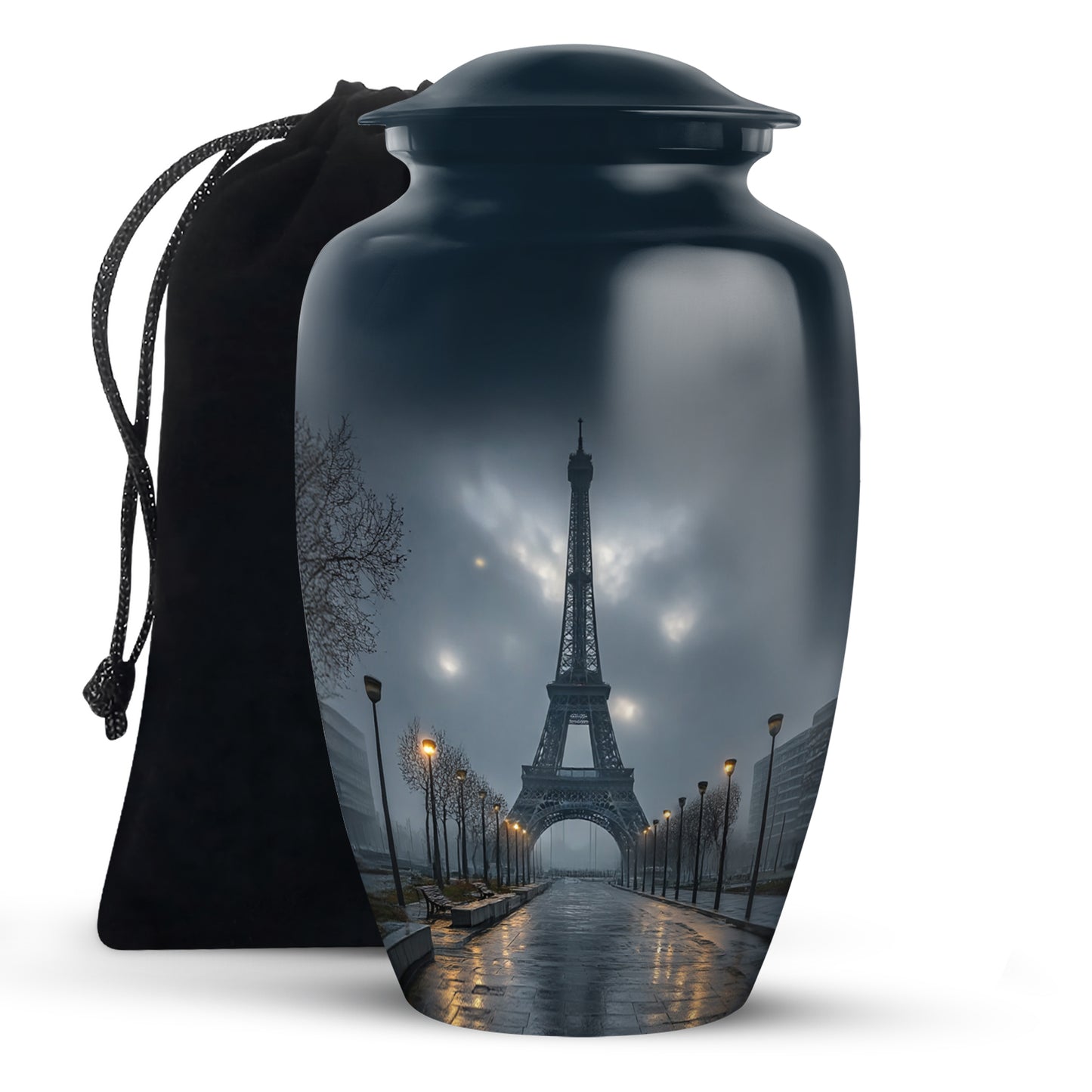 Pastel Blue Eiffel Tower Cremation Urn angled view of lid and engraved motif - timeless eiffel tower motif etched into premium metal - full-size 10 inch 200 cubic inch adult cremation urn