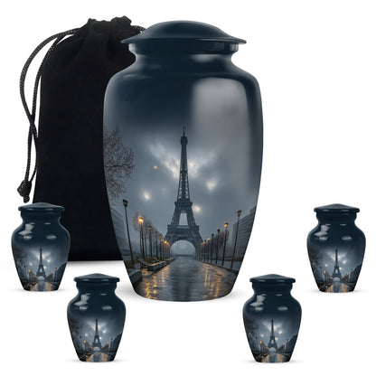 Vivid Blue Eiffel Tower Cremation Urn top-down view of secure threaded lid - elegant classic eiffel tower relief with fine detailing - memorial set with one large and four small urns