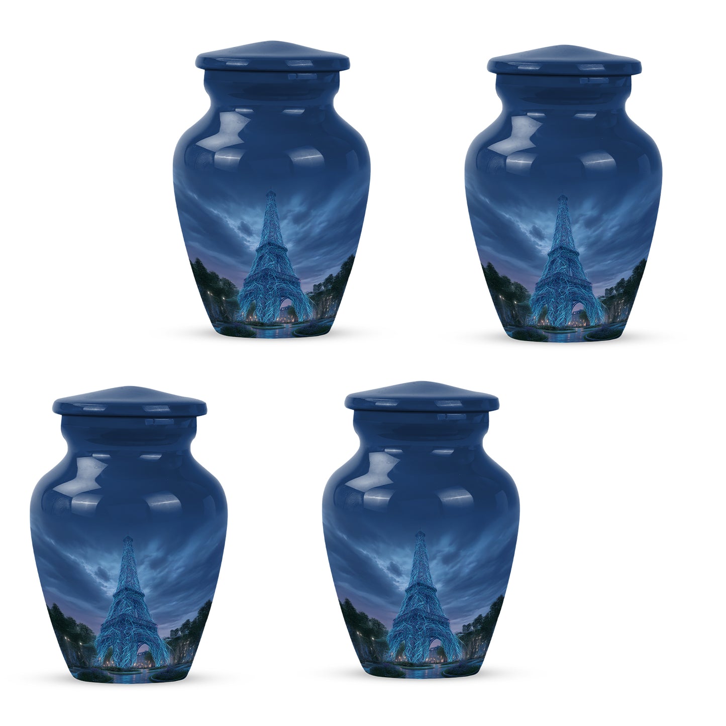 Bright Blue Eiffel Tower Cremation Urn side profile showing urn shape - traditional eiffel tower engraving with hand-polished finish - 10 inch aluminum urn for cremated remains