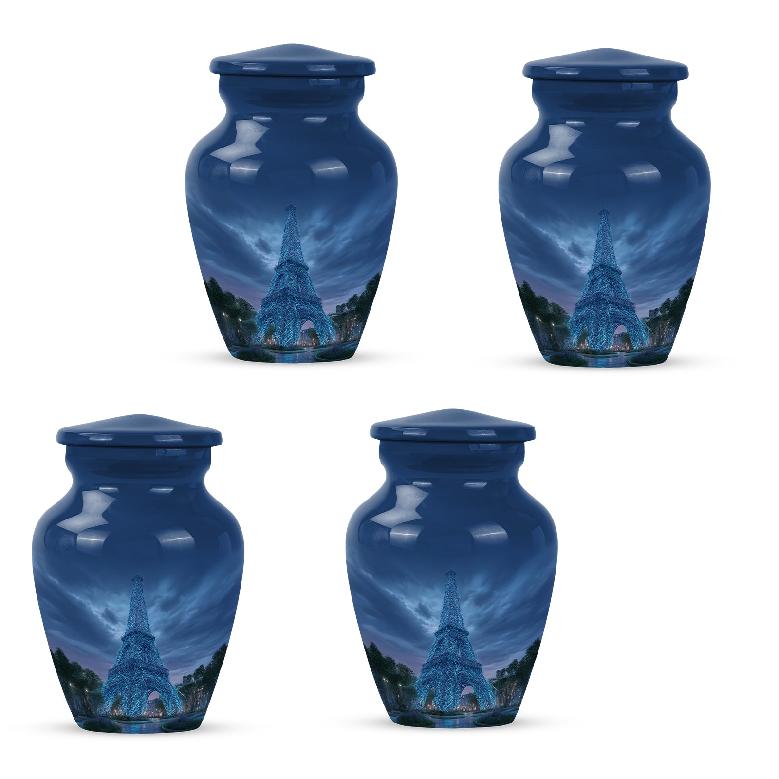 Bright Blue Eiffel Tower Cremation Urn side profile showing urn shape - traditional eiffel tower engraving with hand-polished finish - 10 inch aluminum urn for cremated remains