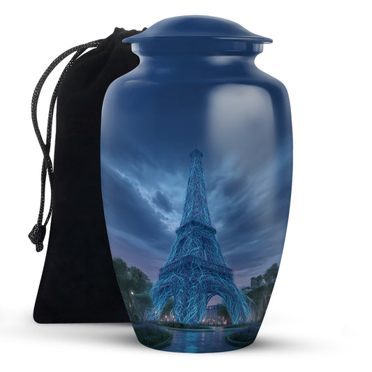Dusty Blue Eiffel Tower Cremation Urn angled view of lid and engraved motif - classic sculpted eiffel tower pattern on smooth aluminum - full-size 10 inch 200 cubic inch adult cremation urn