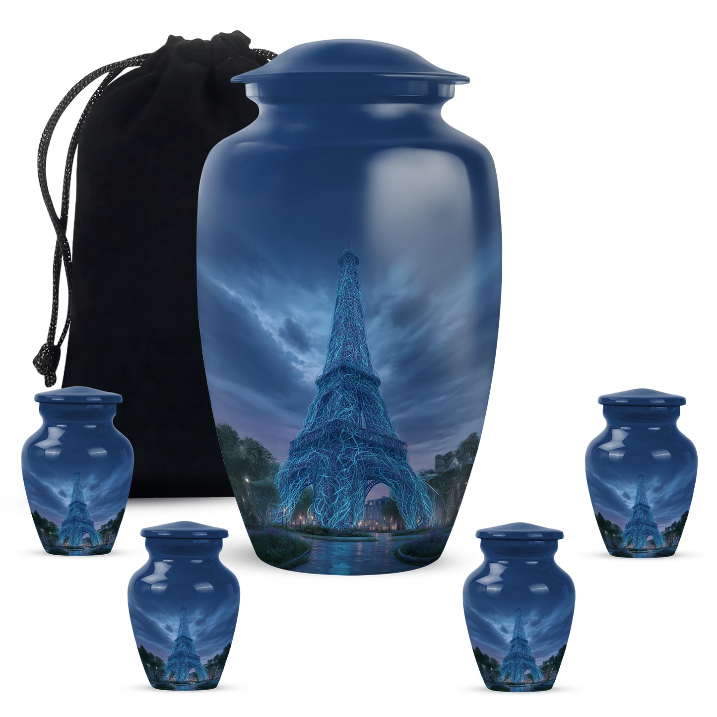 Vivid Blue Eiffel Tower Cremation Urn top-down view of secure threaded lid - traditional eiffel tower engraving with hand-polished finish - memorial set with one large and four small urns