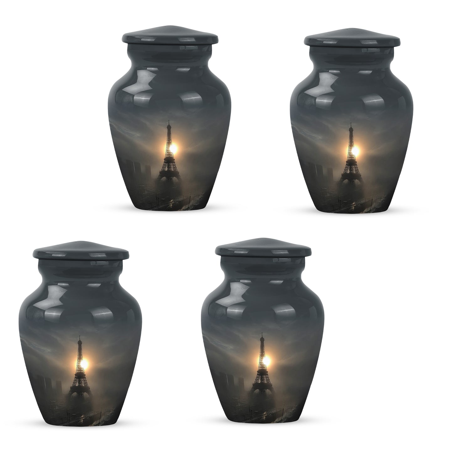 Ebony Eiffel Tower Cremation Urn side profile showing urn shape - classic sculpted eiffel tower pattern on smooth aluminum - 10 inch aluminum urn for cremated remains