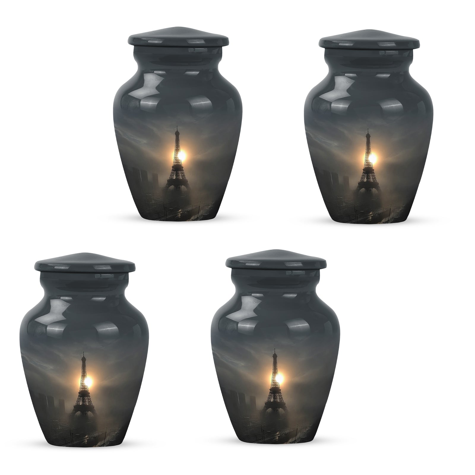 Ebony Eiffel Tower Cremation Urn side profile showing urn shape - classic sculpted eiffel tower pattern on smooth aluminum - 10 inch aluminum urn for cremated remains