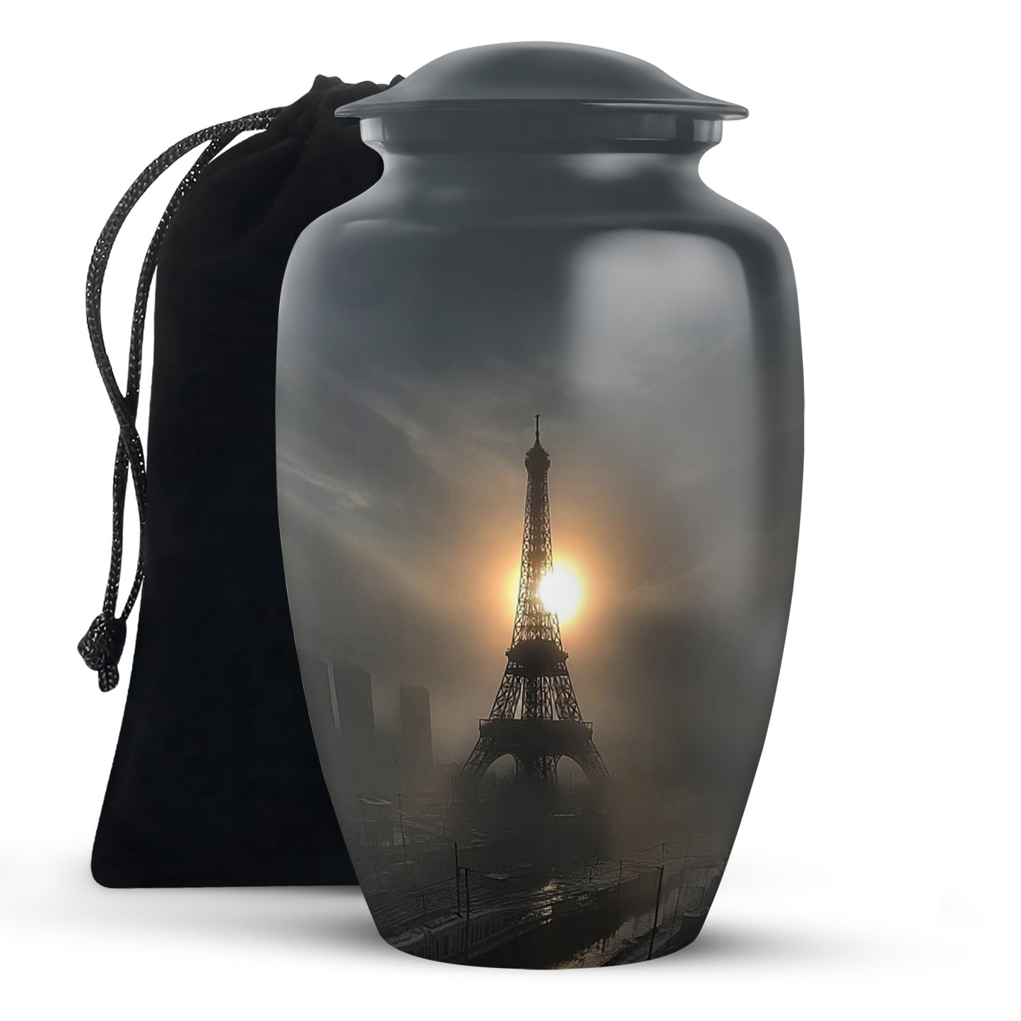 Ebony Eiffel Tower Cremation Urn angled view of lid and engraved motif - classic sculpted eiffel tower pattern on smooth aluminum - full-size 10 inch 200 cubic inch adult cremation urn