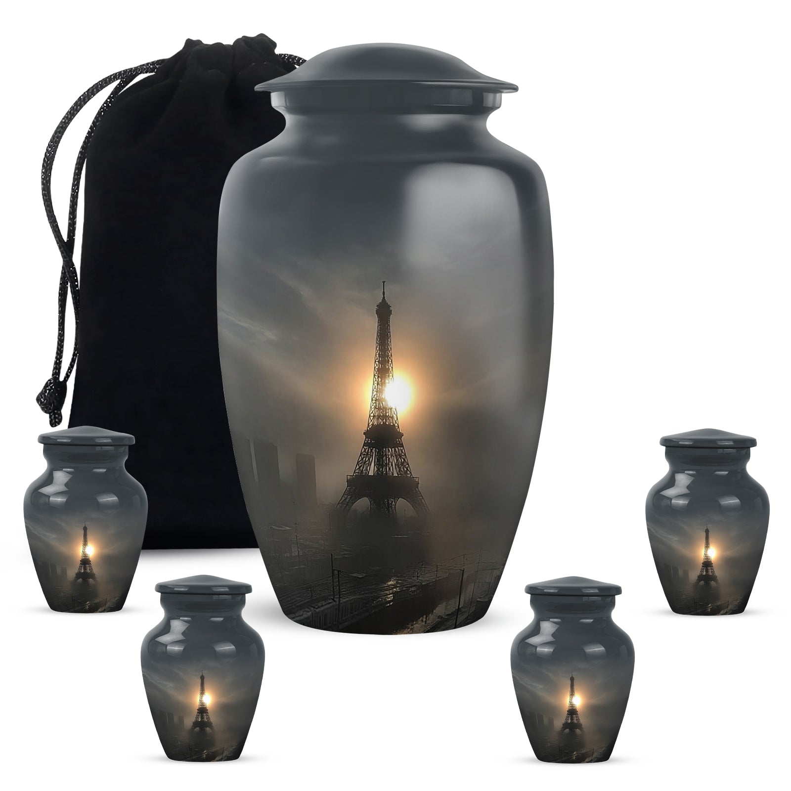 Ebony Eiffel Tower Cremation Urn top-down view of secure threaded lid - classic sculpted eiffel tower pattern on smooth aluminum - memorial set with one large and four small urns