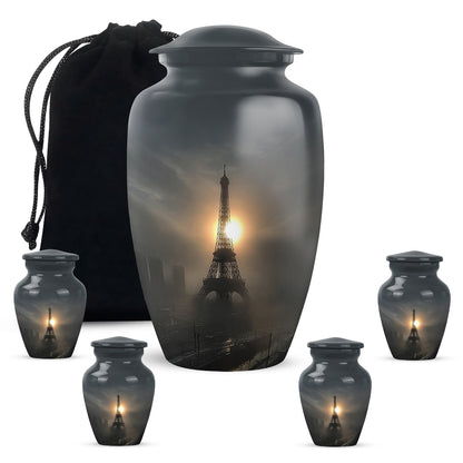 Ebony Eiffel Tower Cremation Urn top-down view of secure threaded lid - classic sculpted eiffel tower pattern on smooth aluminum - memorial set with one large and four small urns