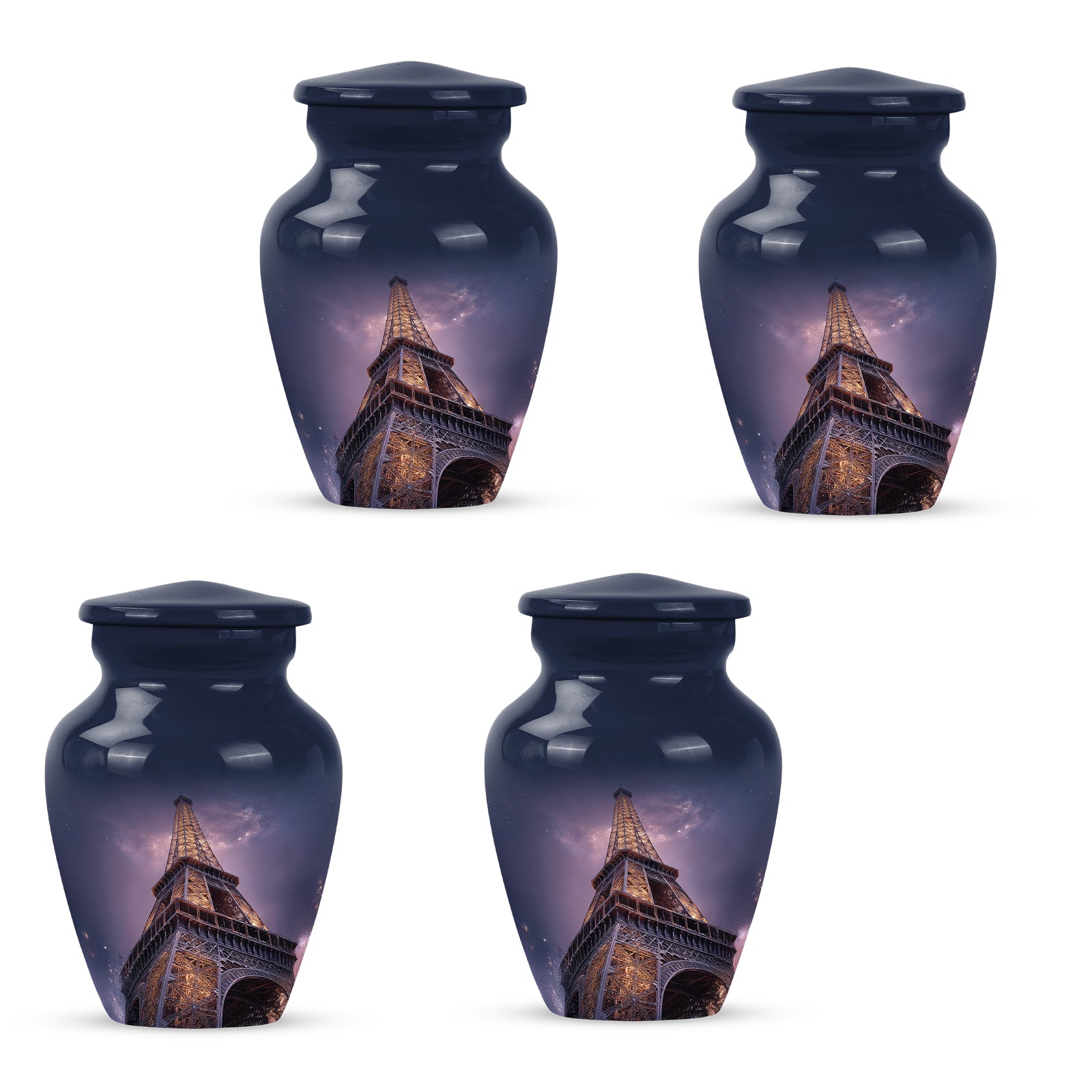 Cobalt Blue Eiffel Tower Cremation Urn side profile showing urn shape - traditional eiffel tower engraving with hand-polished finish - 10 inch aluminum urn for cremated remains