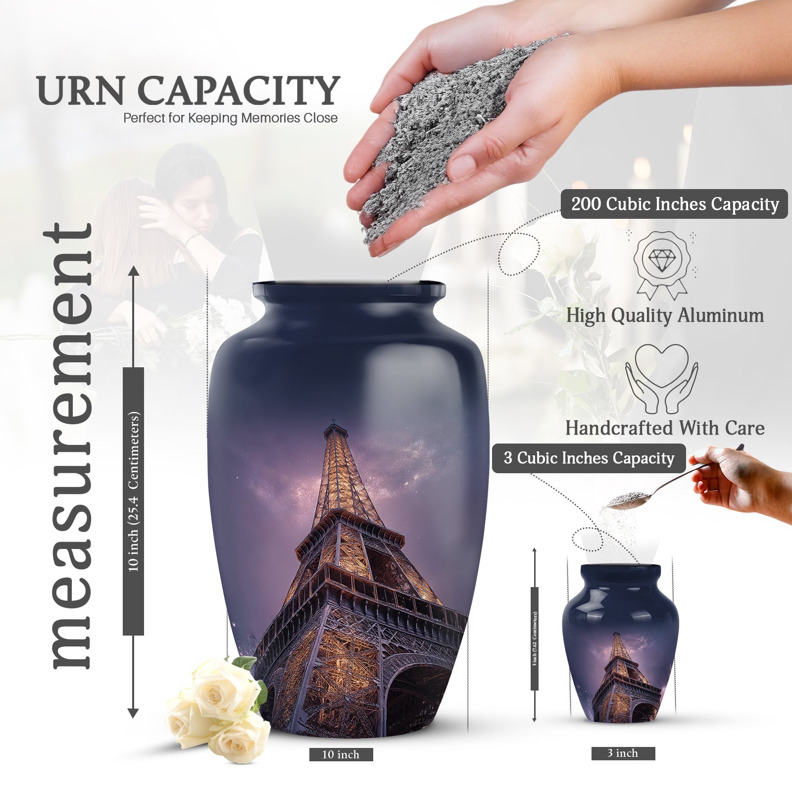 Soft Blue Eiffel Tower Cremation Urn close-up of engraving and surface detail - elegant classic eiffel tower relief with fine detailing - mini keepsake memorial for portion of cremation ashes