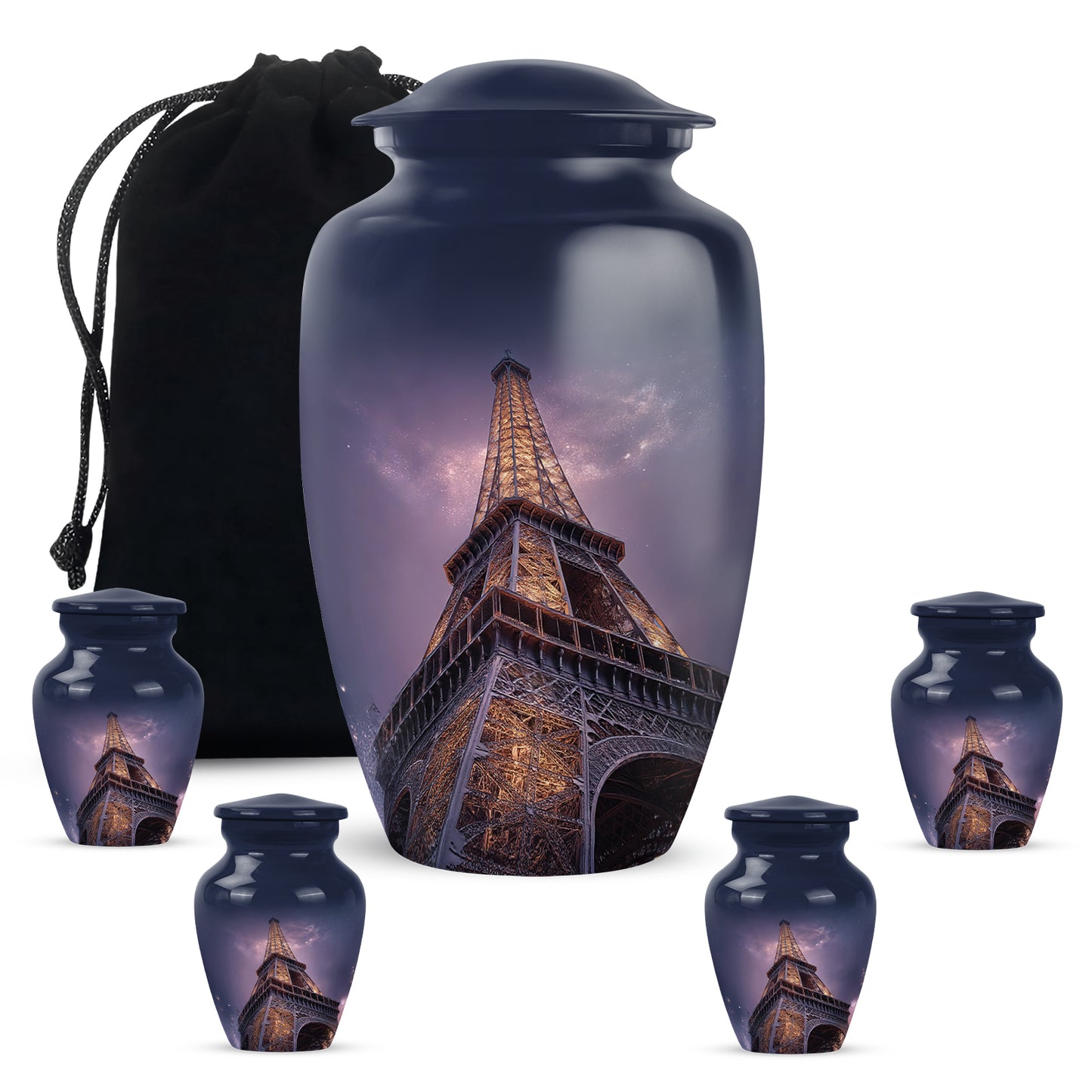 Icy Blue Eiffel Tower Cremation Urn top-down view of secure threaded lid - classic sculpted eiffel tower pattern on smooth aluminum - memorial set with one large and four small urns