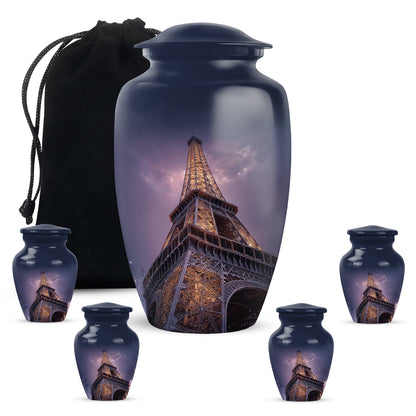 Icy Blue Eiffel Tower Cremation Urn top-down view of secure threaded lid - classic sculpted eiffel tower pattern on smooth aluminum - memorial set with one large and four small urns