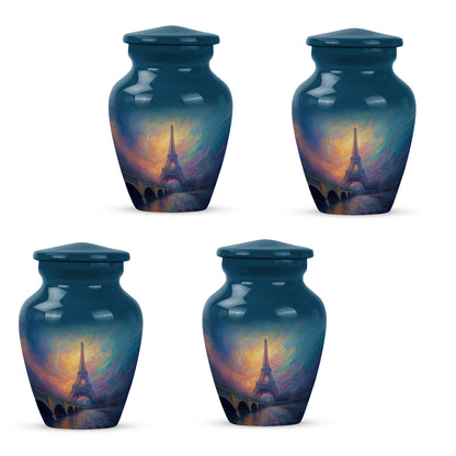 Indigo Eiffel Tower Cremation Urn side profile showing urn shape - classic sculpted eiffel tower pattern on smooth aluminum - 10 inch aluminum urn for cremated remains
