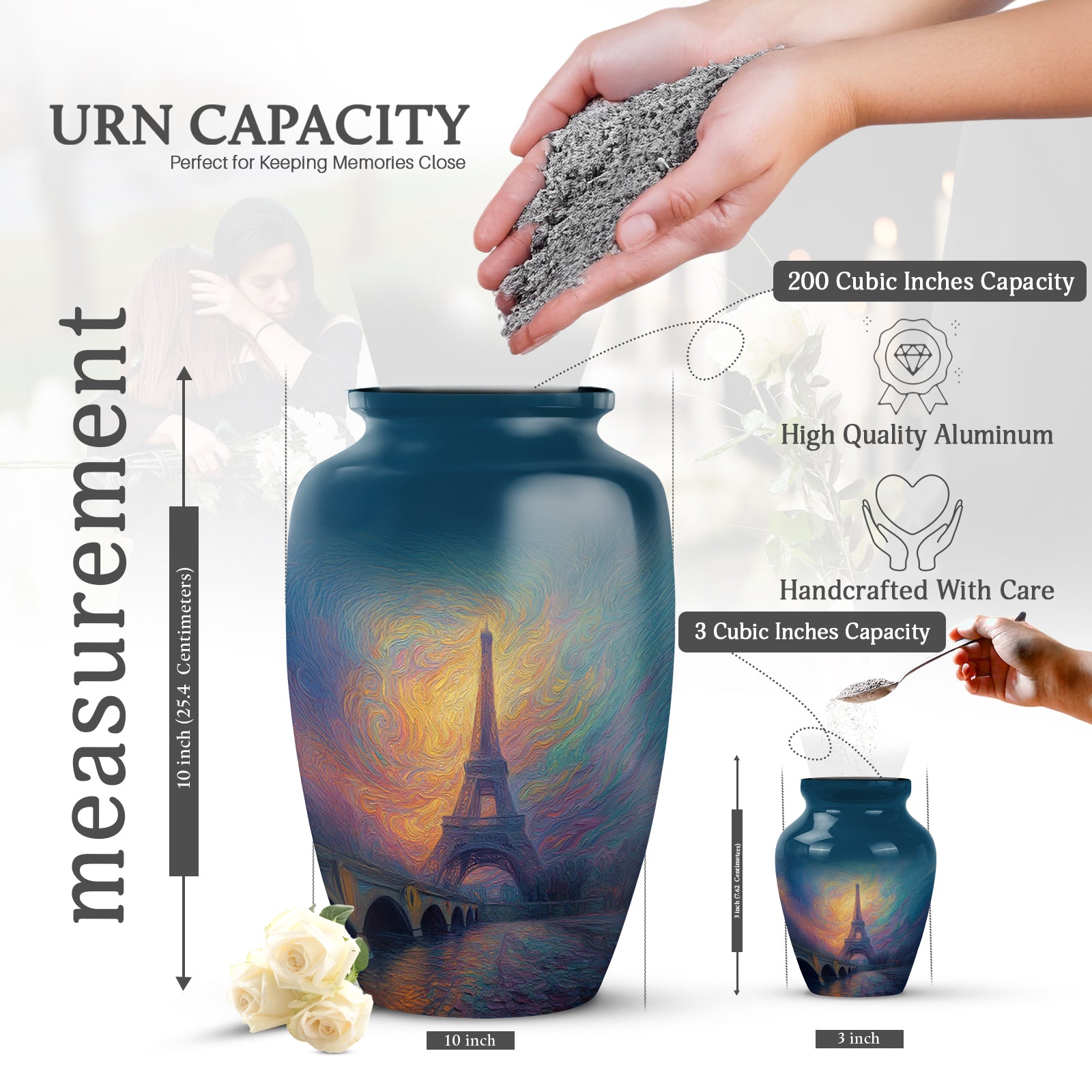 Sapphire Blue Eiffel Tower Cremation Urn close-up of engraving and surface detail - elegant classic eiffel tower relief with fine detailing - mini keepsake memorial for portion of cremation ashes
