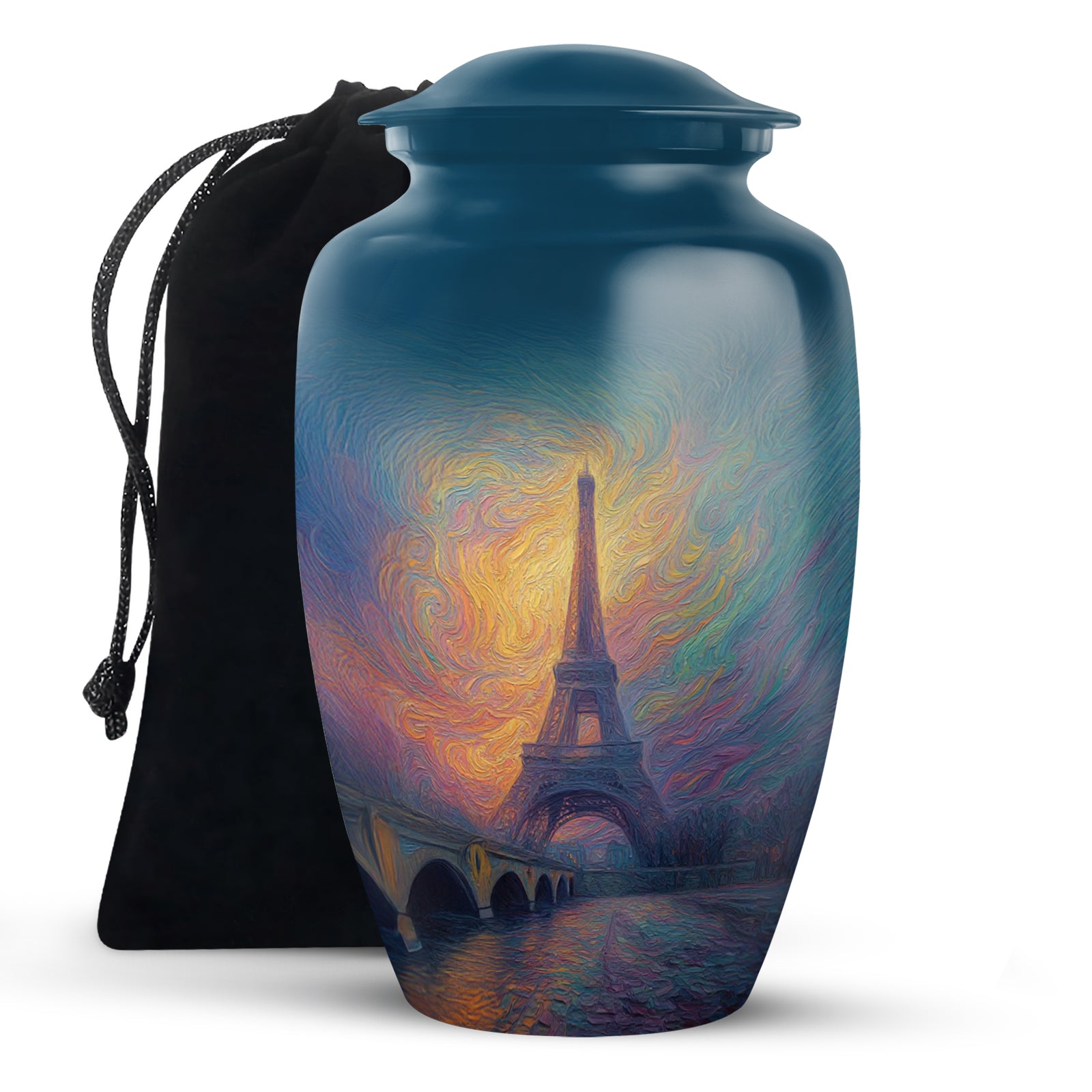 Sky Blue Eiffel Tower Cremation Urn angled view of lid and engraved motif - classic sculpted eiffel tower pattern on smooth aluminum - full-size 10 inch 200 cubic inch adult cremation urn