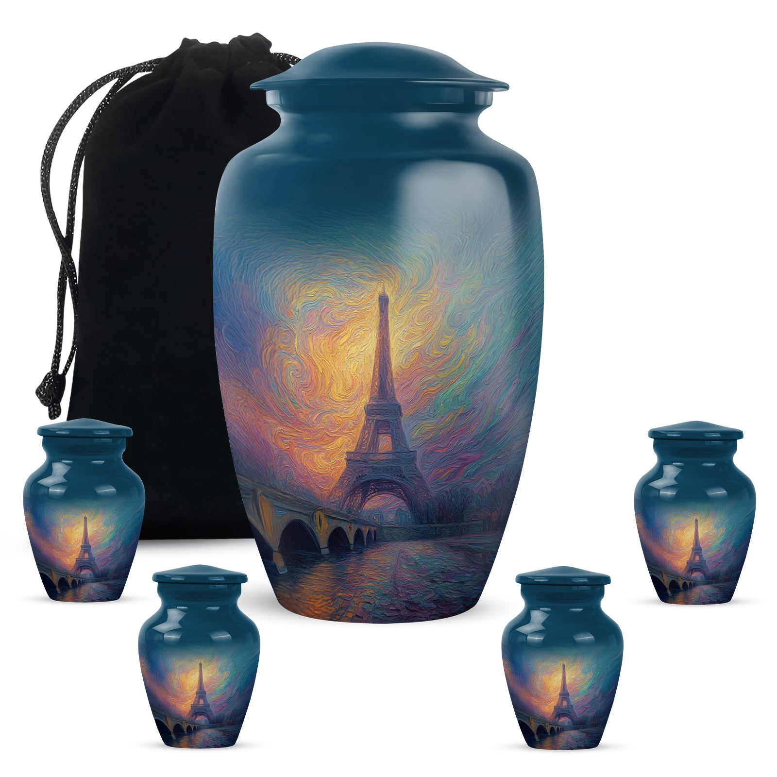 Royal Blue Eiffel Tower Cremation Urn top-down view of secure threaded lid - traditional eiffel tower engraving with hand-polished finish - memorial set with one large and four small urns