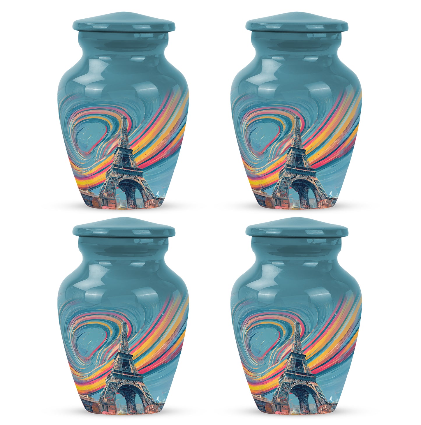 Cool Teal Eiffel Tower Cremation Urn side profile showing urn shape - classic sculpted eiffel tower pattern on smooth aluminum - 10 inch aluminum urn for cremated remains