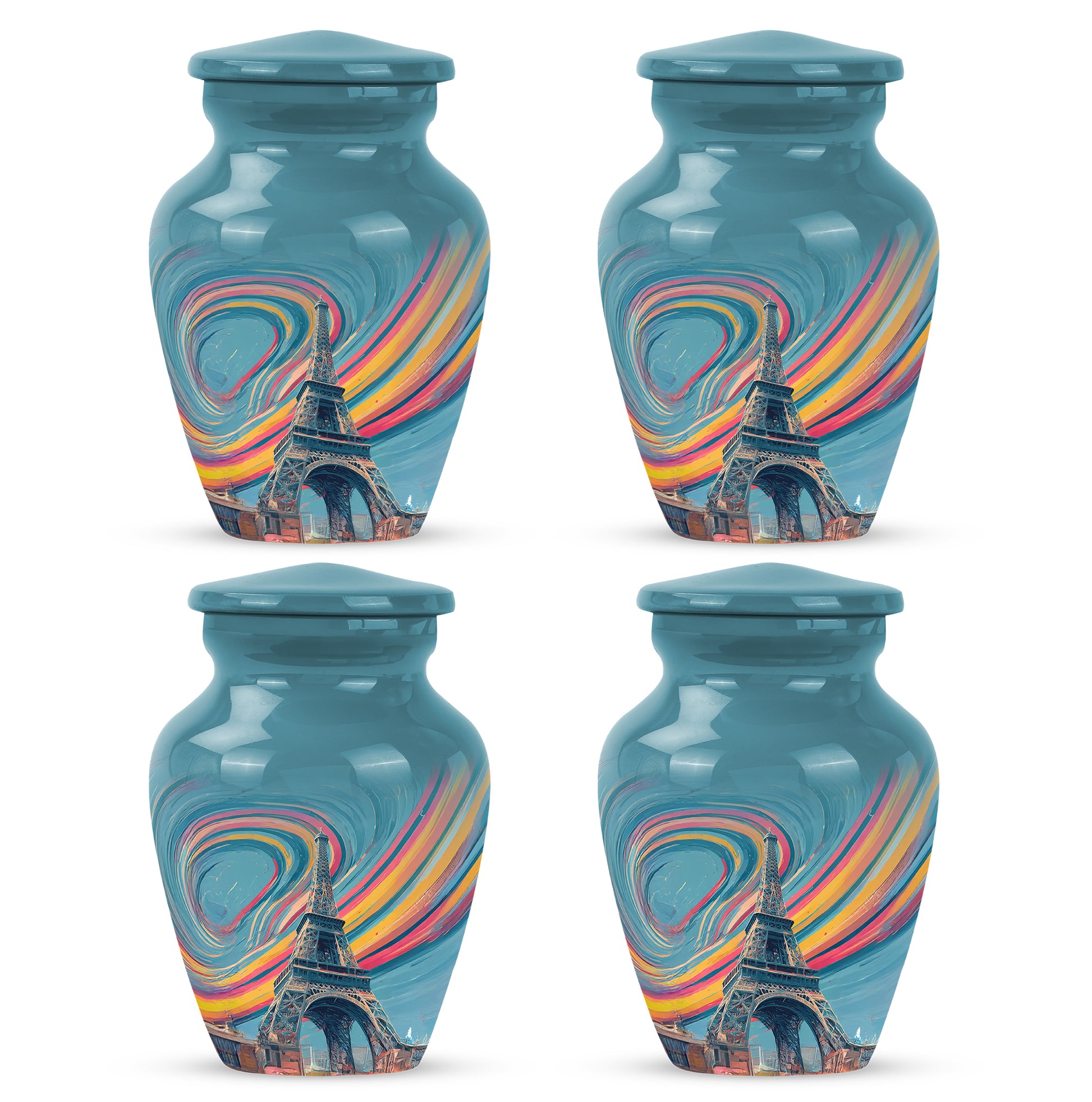 Cool Teal Eiffel Tower Cremation Urn side profile showing urn shape - classic sculpted eiffel tower pattern on smooth aluminum - 10 inch aluminum urn for cremated remains