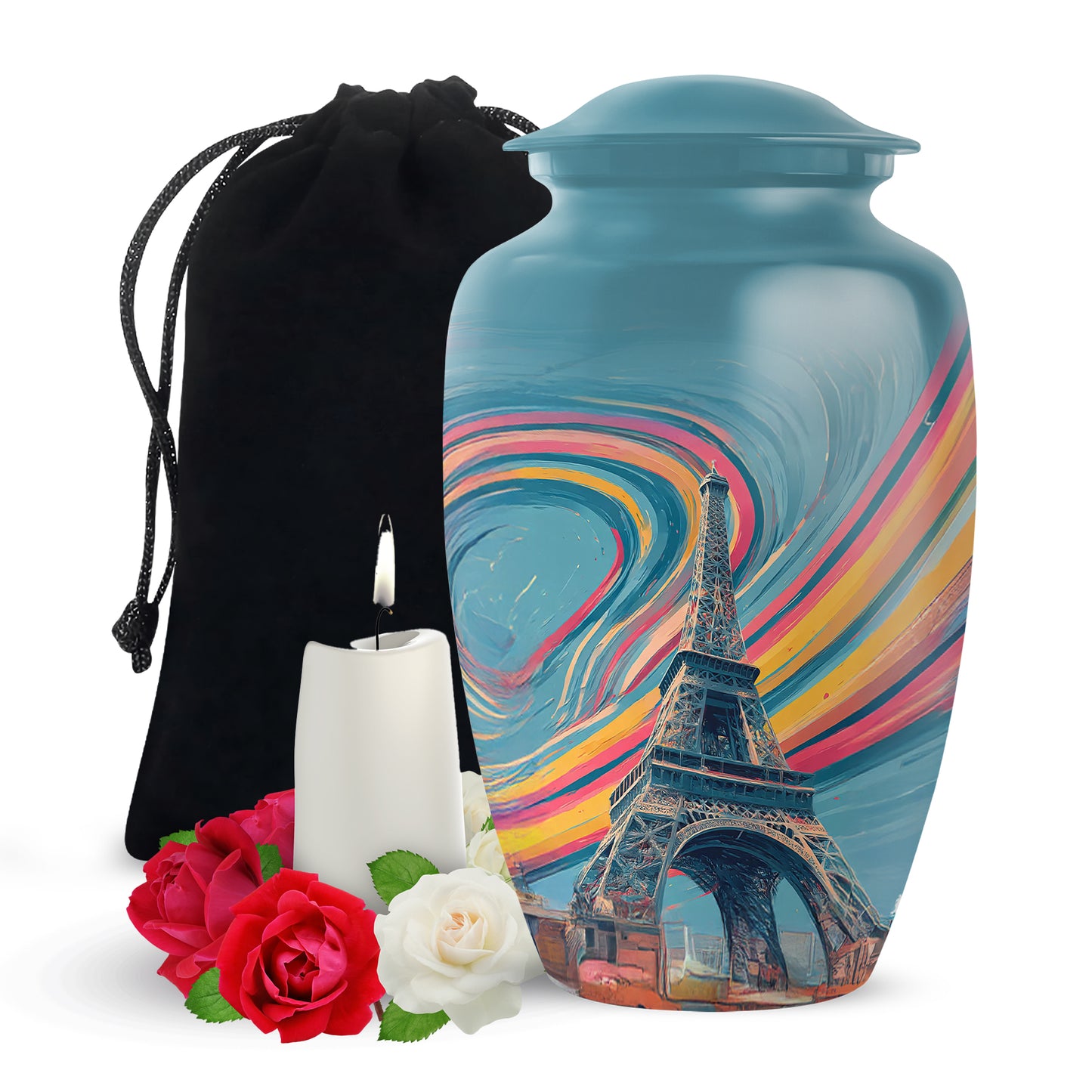 Tropical Teal Eiffel Tower Cremation Urn angled view of lid and engraved motif - elegant classic eiffel tower relief with fine detailing - full-size 10 inch 200 cubic inch adult cremation urn