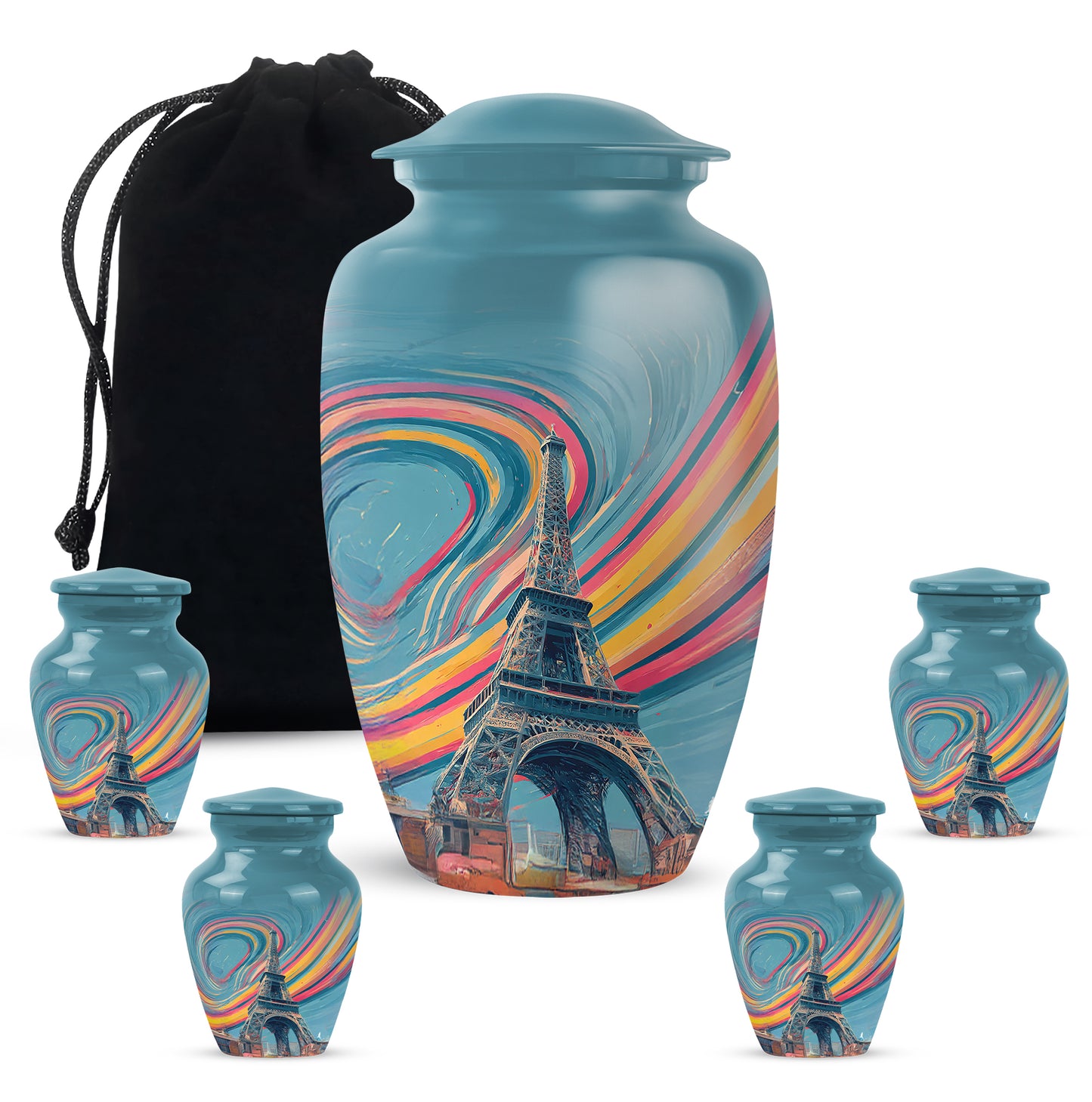 Soft Teal Eiffel Tower Cremation Urn top-down view of secure threaded lid - timeless eiffel tower motif etched into premium metal - memorial set with one large and four small urns