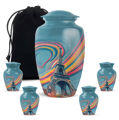 Soft Teal Eiffel Tower Cremation Urn top-down view of secure threaded lid - timeless eiffel tower motif etched into premium metal - memorial set with one large and four small urns