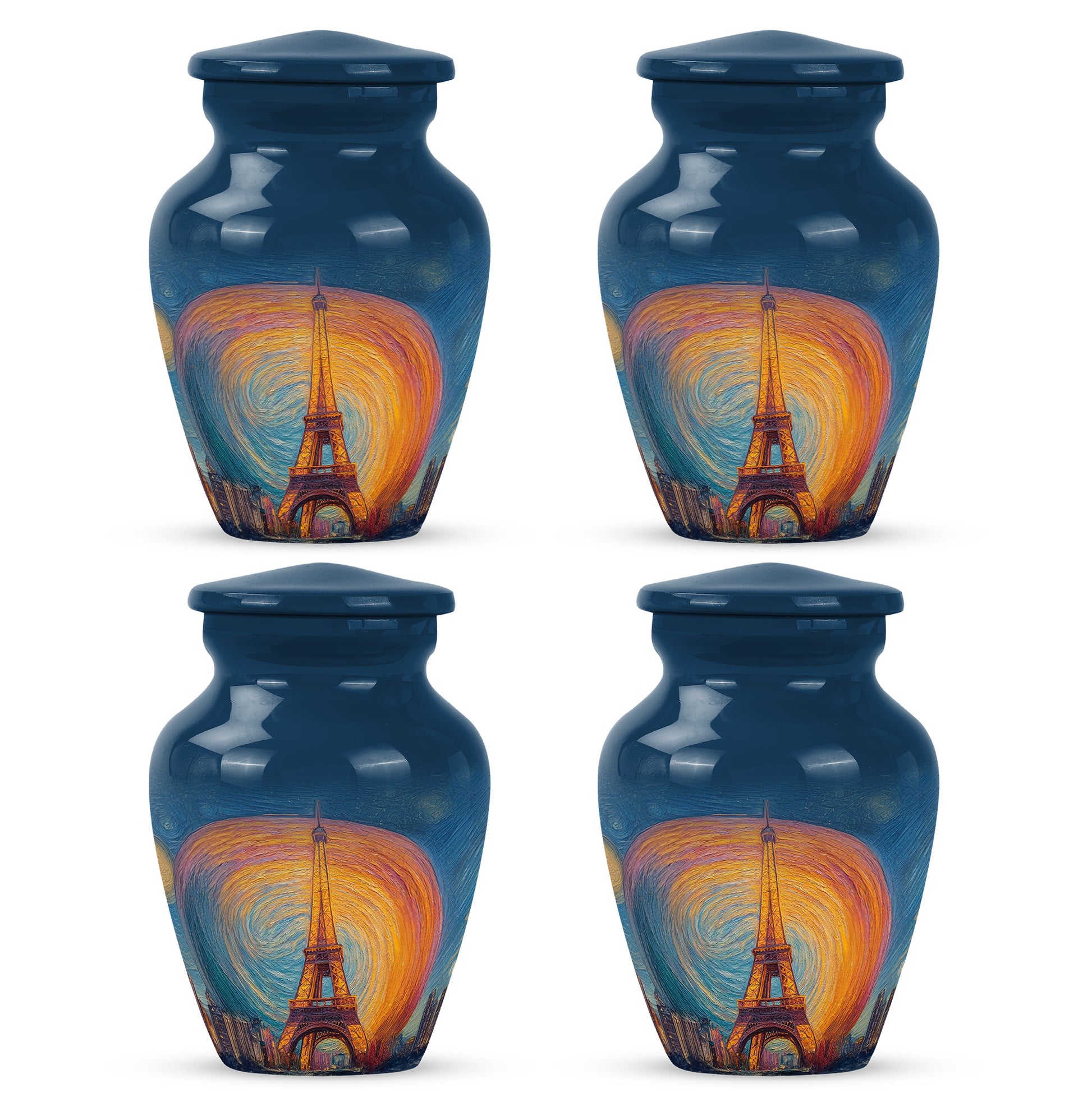 Steel Blue Eiffel Tower Cremation Urn side profile showing urn shape - traditional eiffel tower engraving with hand-polished finish - 10 inch aluminum urn for cremated remains