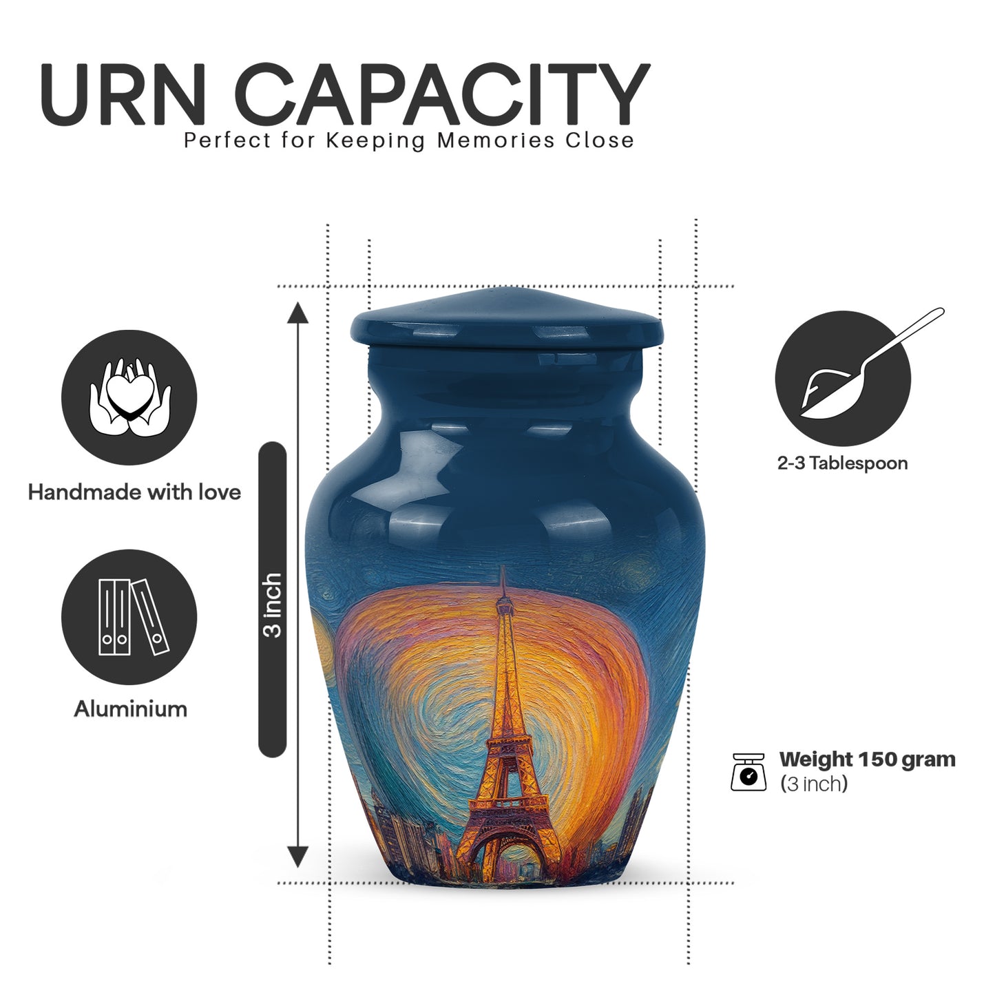Powder Blue Eiffel Tower Cremation Urn close-up of engraving and surface detail - classic sculpted eiffel tower pattern on smooth aluminum - mini keepsake memorial for portion of cremation ashes