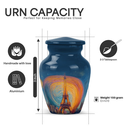 Powder Blue Eiffel Tower Cremation Urn close-up of engraving and surface detail - classic sculpted eiffel tower pattern on smooth aluminum - mini keepsake memorial for portion of cremation ashes