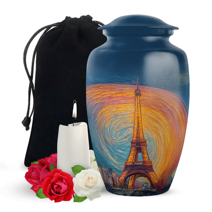 Powder Blue Eiffel Tower Cremation Urn angled view of lid and engraved motif - timeless eiffel tower motif etched into premium metal - full-size 10 inch 200 cubic inch adult cremation urn