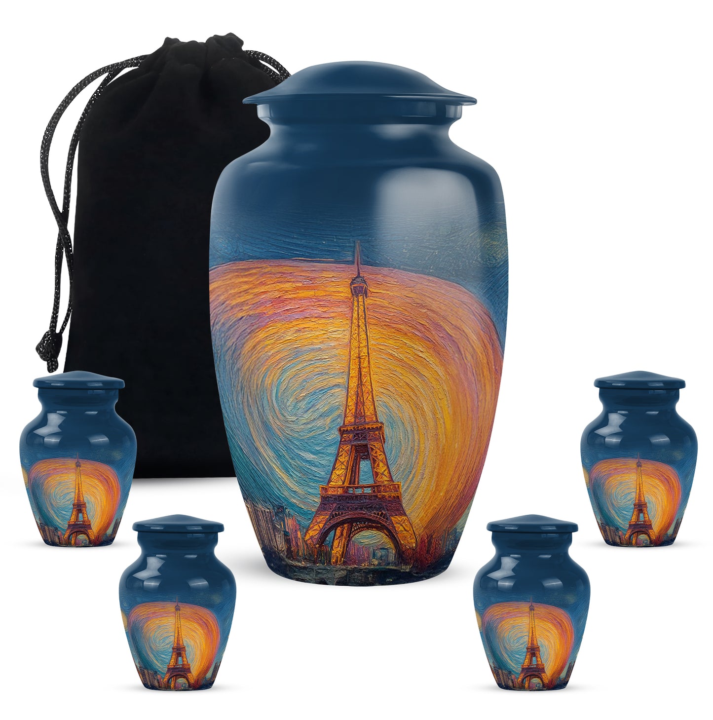 Sky Blue Eiffel Tower Cremation Urn top-down view of secure threaded lid - classic sculpted eiffel tower pattern on smooth aluminum - memorial set with one large and four small urns