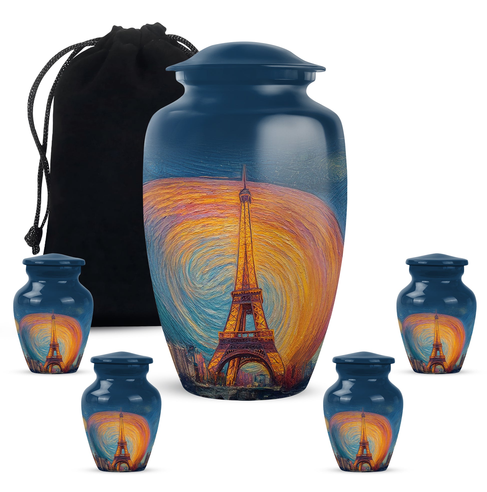 Sky Blue Eiffel Tower Cremation Urn top-down view of secure threaded lid - classic sculpted eiffel tower pattern on smooth aluminum - memorial set with one large and four small urns