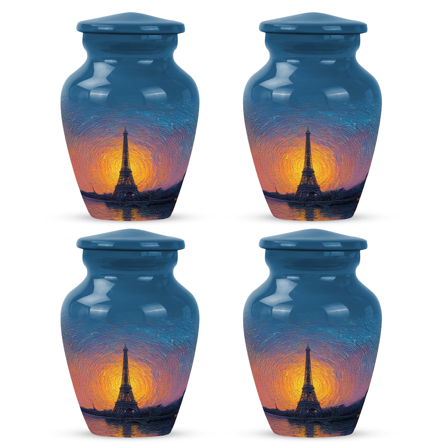 Cobalt Blue Eiffel Tower Cremation Urn side profile showing urn shape - traditional eiffel tower engraving with hand-polished finish - 10 inch aluminum urn for cremated remains