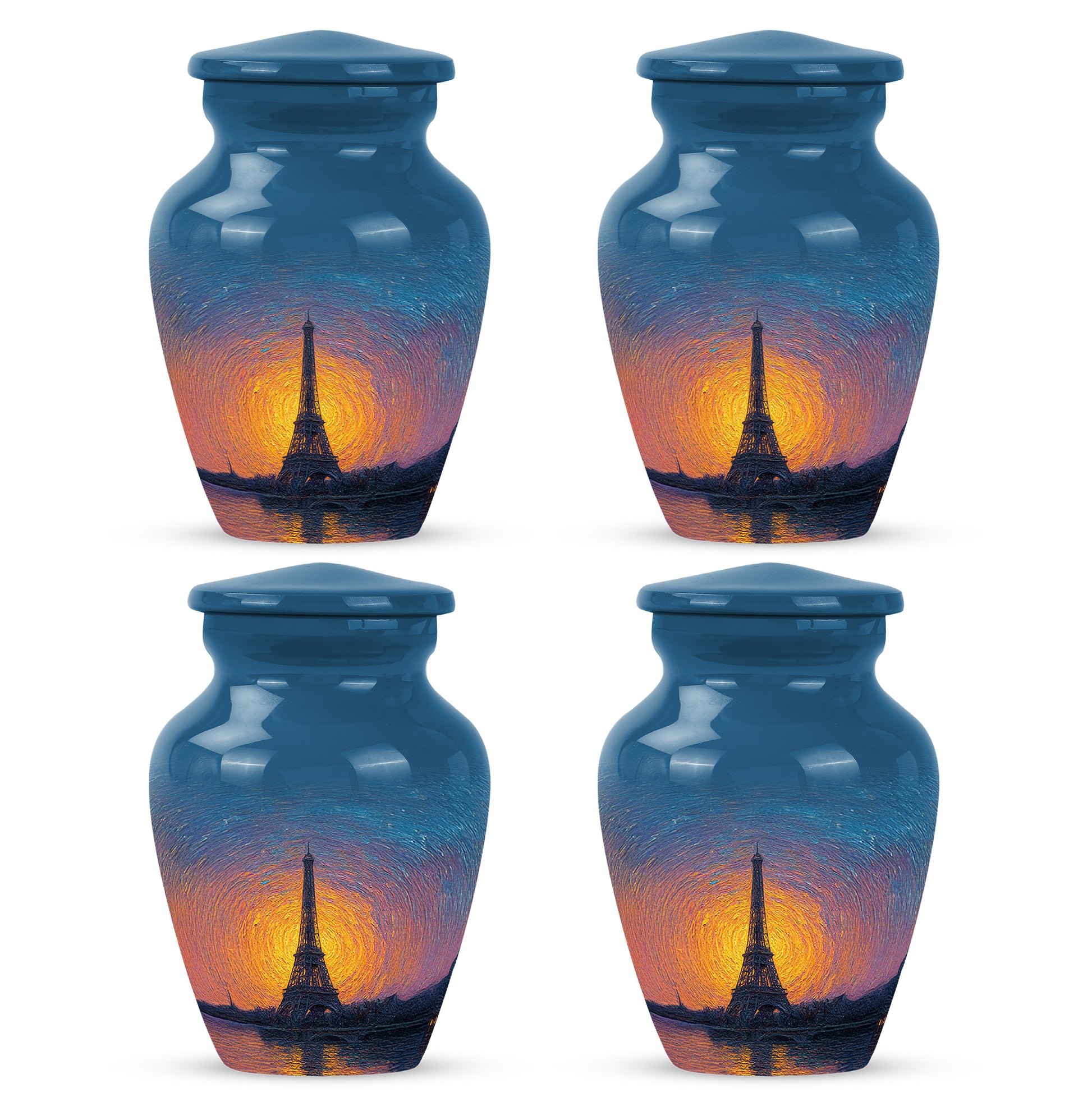 Cobalt Blue Eiffel Tower Cremation Urn side profile showing urn shape - traditional eiffel tower engraving with hand-polished finish - 10 inch aluminum urn for cremated remains