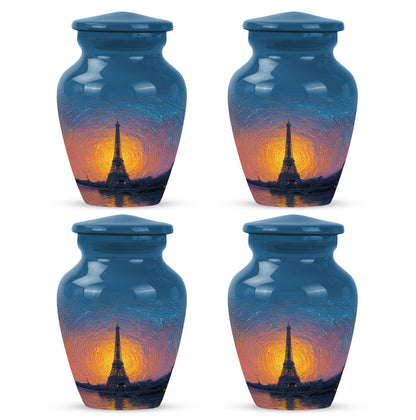 Cobalt Blue Eiffel Tower Cremation Urn side profile showing urn shape - traditional eiffel tower engraving with hand-polished finish - 10 inch aluminum urn for cremated remains