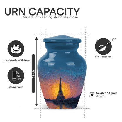 Twilight Blue Eiffel Tower Cremation Urn close-up of engraving and surface detail - elegant classic eiffel tower relief with fine detailing - mini keepsake memorial for portion of cremation ashes