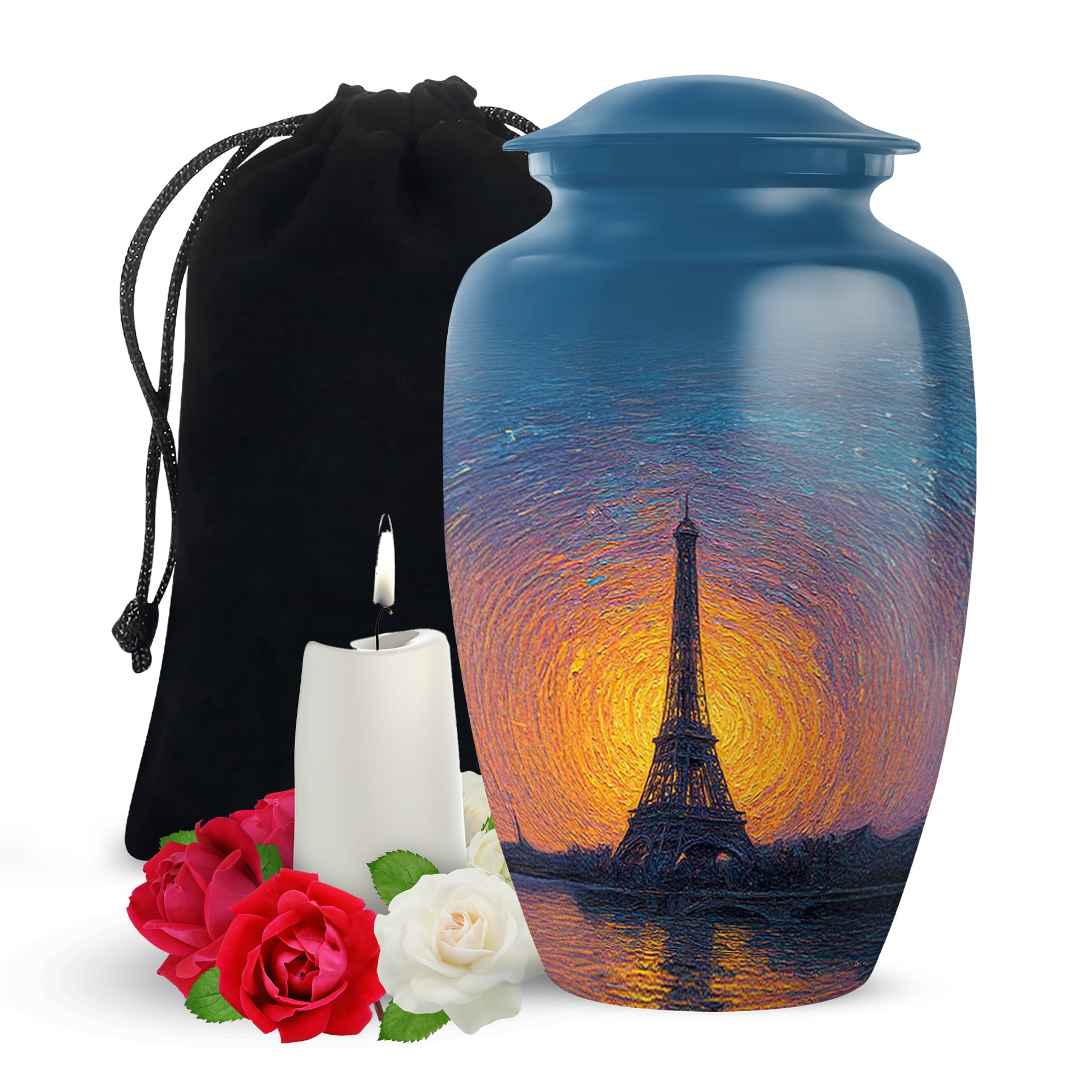 Sapphire Blue Eiffel Tower Cremation Urn angled view of lid and engraved motif - traditional eiffel tower engraving with hand-polished finish - full-size 10 inch 200 cubic inch adult cremation urn