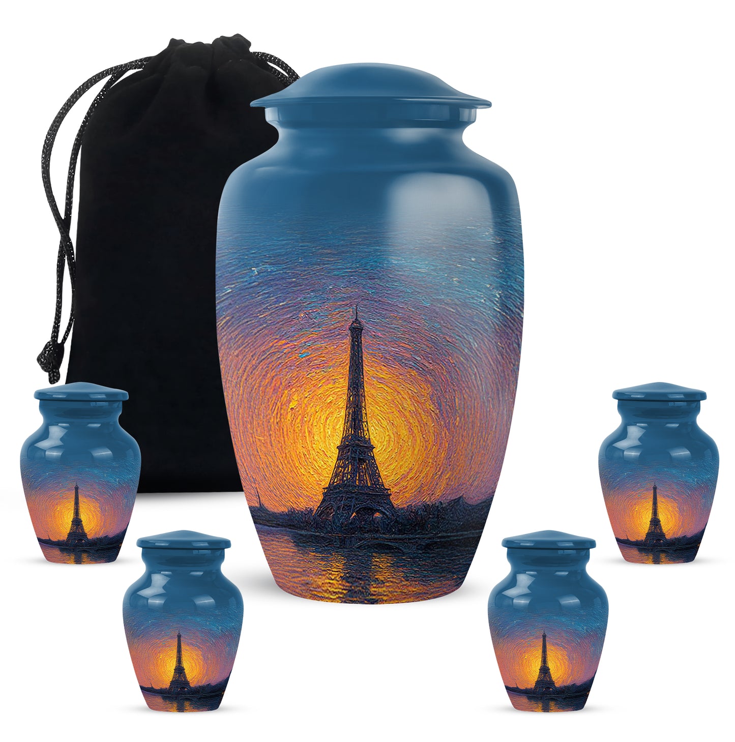 Soft Blue Eiffel Tower Cremation Urn top-down view of secure threaded lid - traditional eiffel tower engraving with hand-polished finish - memorial set with one large and four small urns