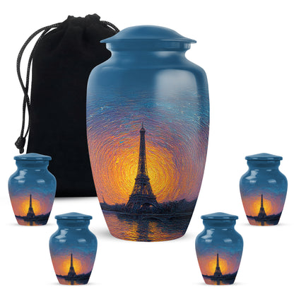 Soft Blue Eiffel Tower Cremation Urn top-down view of secure threaded lid - traditional eiffel tower engraving with hand-polished finish - memorial set with one large and four small urns