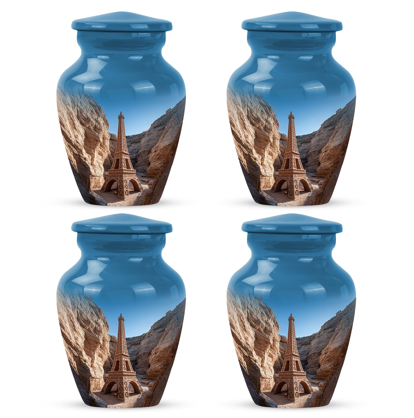 Calming Blue Eiffel Tower Cremation Urn side profile showing urn shape - traditional eiffel tower engraving with hand-polished finish - 10 inch aluminum urn for cremated remains