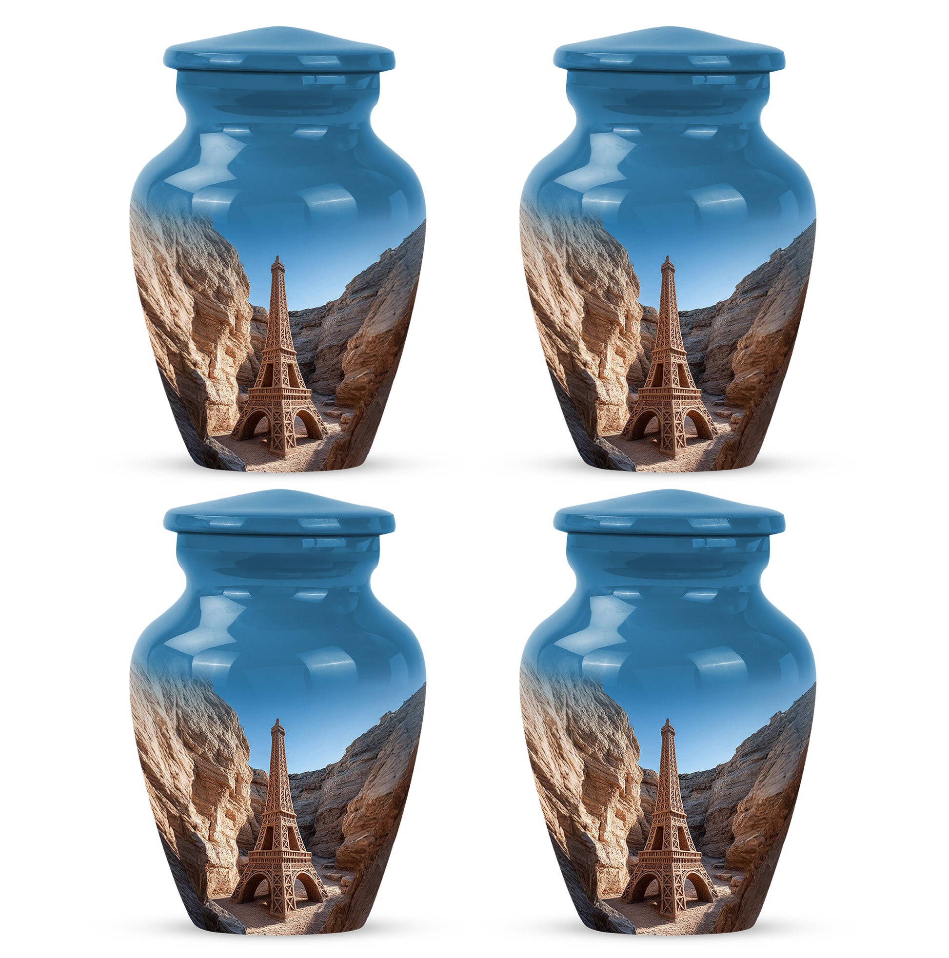 Calming Blue Eiffel Tower Cremation Urn side profile showing urn shape - traditional eiffel tower engraving with hand-polished finish - 10 inch aluminum urn for cremated remains