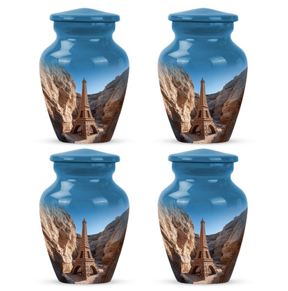 Calming Blue Eiffel Tower Cremation Urn side profile showing urn shape - traditional eiffel tower engraving with hand-polished finish - 10 inch aluminum urn for cremated remains