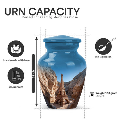 Navy Blue Eiffel Tower Cremation Urn close-up of engraving and surface detail - classic sculpted eiffel tower pattern on smooth aluminum - mini keepsake memorial for portion of cremation ashes
