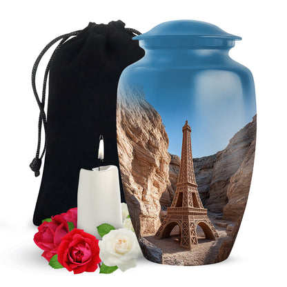 Azure Eiffel Tower Cremation Urn angled view of lid and engraved motif - timeless eiffel tower motif etched into premium metal - full-size 10 inch 200 cubic inch adult cremation urn