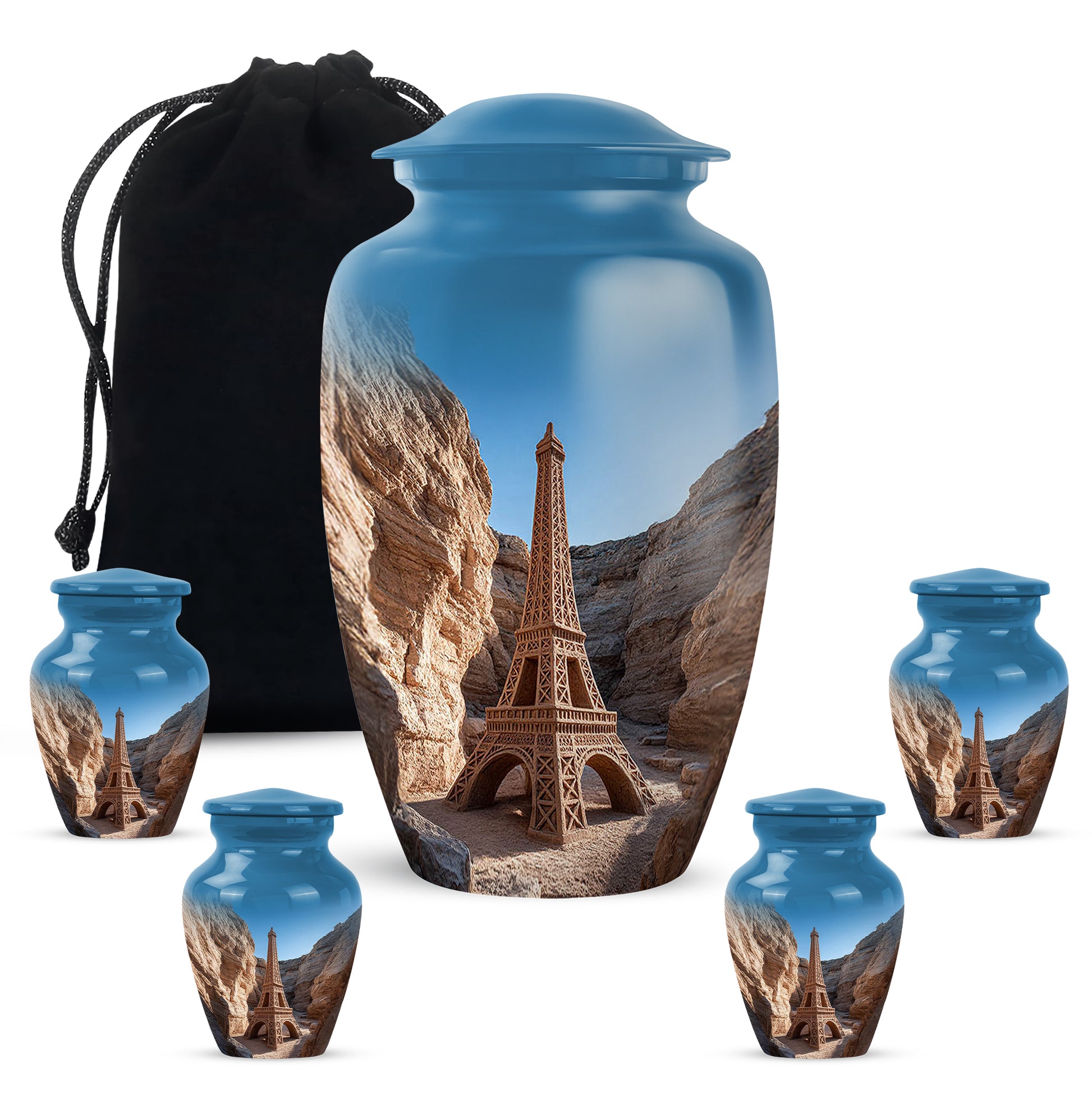 Serene Blue Eiffel Tower Cremation Urn top-down view of secure threaded lid - traditional eiffel tower engraving with hand-polished finish - memorial set with one large and four small urns