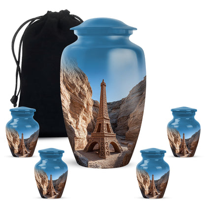 Serene Blue Eiffel Tower Cremation Urn top-down view of secure threaded lid - traditional eiffel tower engraving with hand-polished finish - memorial set with one large and four small urns