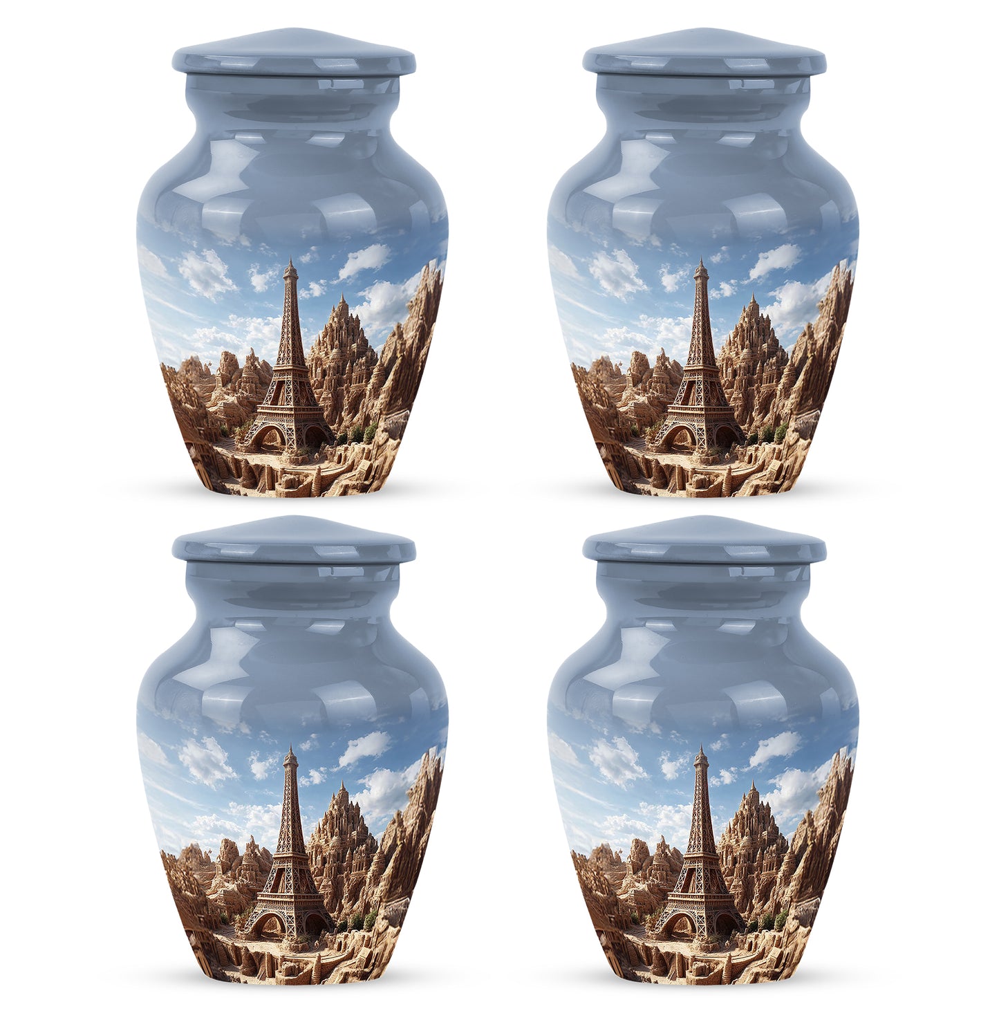 Soft Blue Eiffel Tower Cremation Urn side profile showing urn shape - elegant classic eiffel tower relief with fine detailing - 10 inch aluminum urn for cremated remains